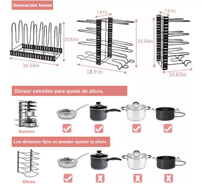 ESTANTE ORGANIZADOR DE OLLAS DE 8 NIVELES, 3 FUNCIONES EN 1